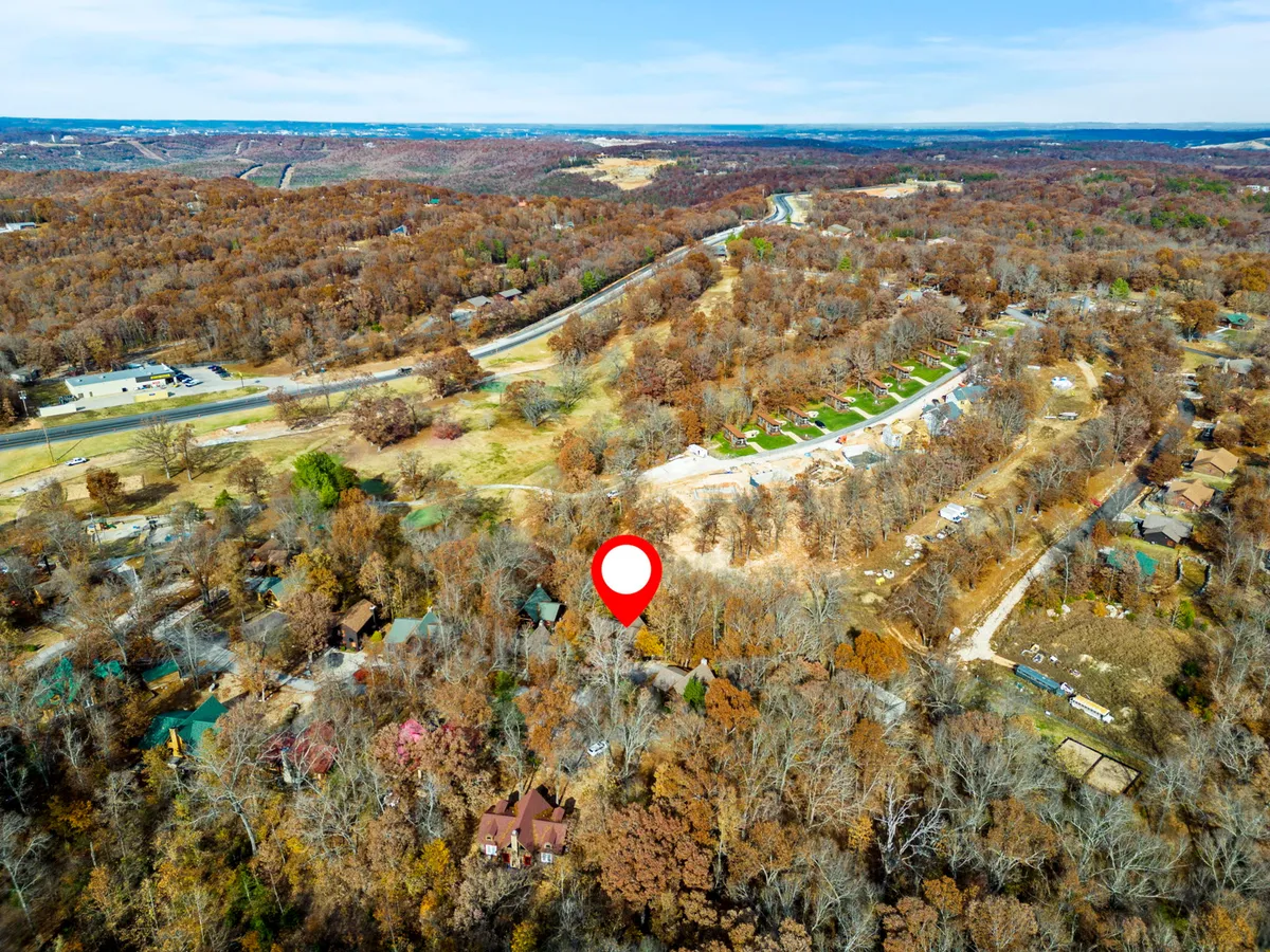 A tranquil wooded area with residential homes and a roadway weaving through hills in the background. The scene evokes a sense of adventure, perfect for nature walks, exploring nearby trails, or family picnics with your pet.